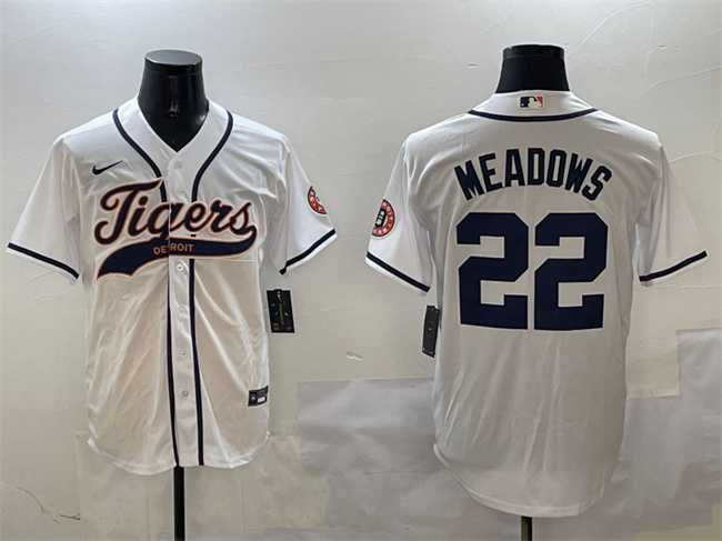 Men%27s Detroit Tigers #22 Parker Meadows White With Patch Cool Base Stitched Jersey
